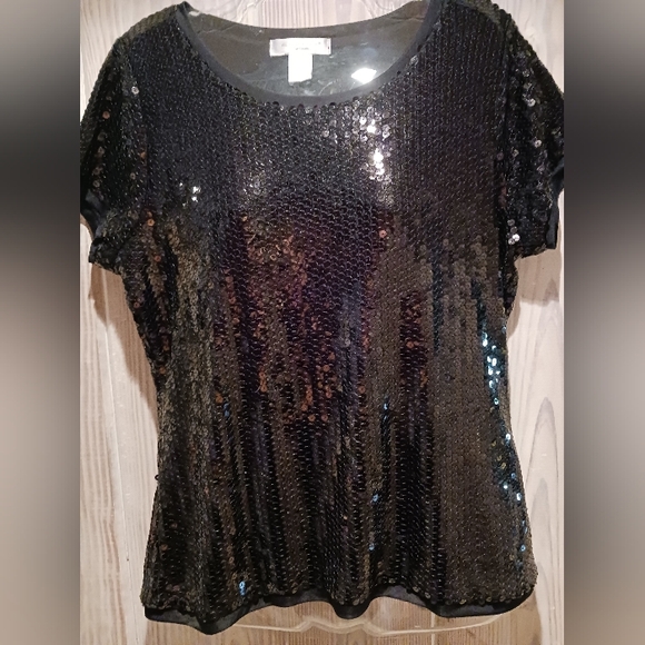 AUGUST SILK OPTIONS BLACK SEQUIN SHORT SLEEVE TOP SIZE LARGE - Picture 1 of 4